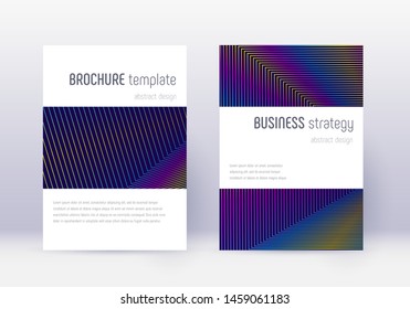 Minimalistic cover design template set. Rainbow abstract lines on dark blue background. Energetic cover design. Fantastic catalog, poster, book template etc.