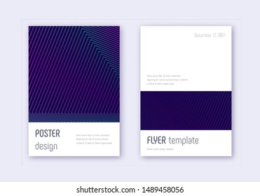 Minimalistic cover design template set. Neon abstract lines on dark blue background. Elegant cover design. Artistic catalog, poster, book template etc.