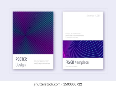 Minimalistic cover design template set. Neon abstract lines on dark blue background. Ecstatic cover design. Superb catalog, poster, book template etc.