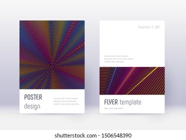 Minimalistic cover design template set. Rainbow abstract lines on wine red background. Eminent cover design. Decent catalog, poster, book template etc.