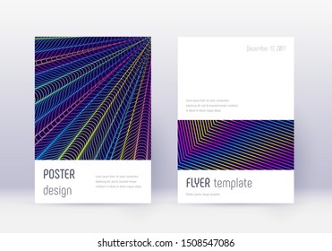 Minimalistic cover design template set. Rainbow abstract lines on dark blue background. Elegant cover design. Unequaled catalog, poster, book template etc.