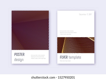 Minimalistic cover design template set. Gold abstract lines on maroon background. Ecstatic cover design. Emotional catalog, poster, book template etc.