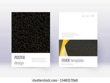 Minimalistic cover design template set. Gold abstract lines on black background. Ecstatic cover design. Alluring catalog, poster, book template etc.