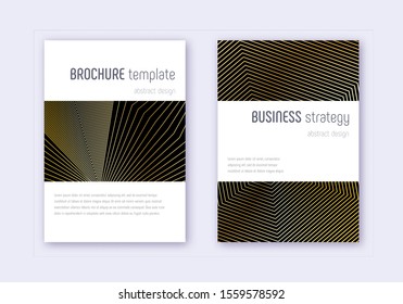 Minimalistic cover design template set. Gold abstract lines on black background. Emotional cover design. Elegant catalog, poster, book template etc.