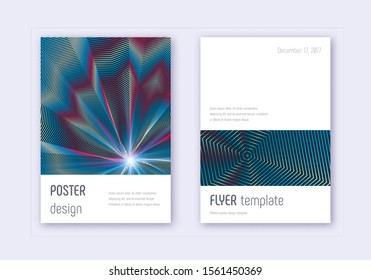 Minimalistic cover design template set. Red white blue abstract lines on dark background. Eminent cover design. Popular catalog, poster, book template etc.