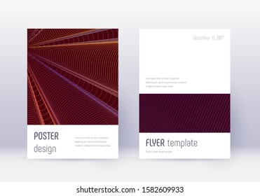 Minimalistic cover design template set. Orange abstract lines on wine red background. Elegant cover design. Fancy catalog, poster, book template etc.