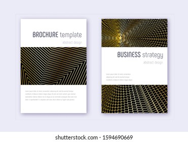 Minimalistic cover design template set. Gold abstract lines on black background. Emotional cover design. Curious catalog, poster, book template etc.
