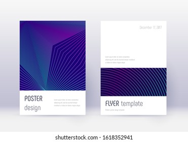 Minimalistic cover design template set. Neon abstract lines on dark blue background. Ecstatic cover design. Valuable catalog, poster, book template etc.