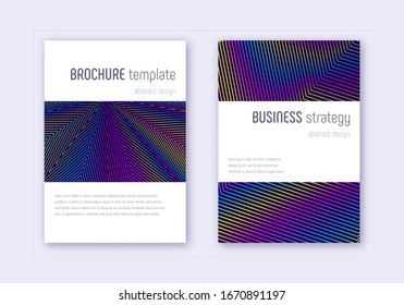 Minimalistic cover design template set. Rainbow abstract lines on dark blue background. Energetic cover design. Fetching catalog, poster, book template etc.