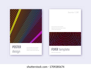 Minimalistic cover design template set. Rainbow abstract lines on wine red background. Eminent cover design. Appealing catalog, poster, book template etc.