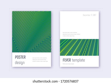 Minimalistic cover design template set. Green abstract lines on dark background. Ecstatic cover design. Resplendent catalog, poster, book template etc.