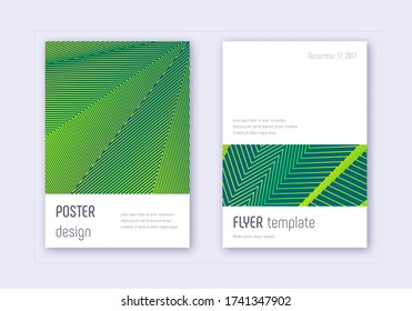 Conjunto de plantillas de diseño de portada minimalista. Líneas abstractas verdes sobre fondo oscuro. Diseño estático de la cubierta. Catálogo, afiche, plantilla de libro, etc.
