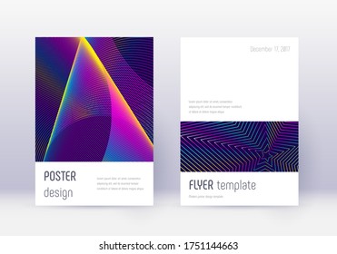 Conjunto de plantillas de diseño de portada minimalista. Líneas abstractas del arcoiris sobre fondo azul oscuro. Diseño elegante de la cubierta. Catálogo sorprendente, afiche, plantilla de libro, etc.