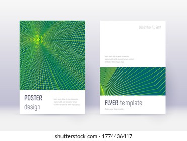 Minimalistic cover design template set. Green abstract lines on dark background. Ecstatic cover design. Shapely catalog, poster, book template etc.