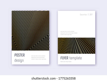 Minimalistic cover design template set. Gold abstract lines on black background. Dramatic cover design. Posh catalog, poster, book template etc.