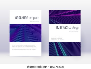 Minimalistische Cover Design Template Set. Neon abstrakte Linien auf dunkelblauem Hintergrund. Bezauberndes Cover-Design. Mesmerkatalog, Poster, Buchvorlage etc.