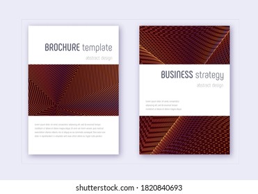 Minimalistic cover design template set. Orange abstract lines on wine red background. Enchanting cover design. Stunning catalog, poster, book template etc.