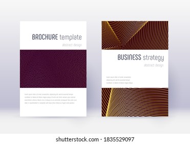 Minimalistic cover design template set. Gold abstract lines on maroon background. Emotional cover design. Mind-blowing catalog, poster, book template etc.