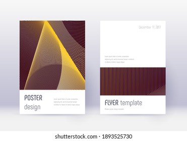 Minimalistische Cover Design Template Set. Goldene abstrakte Linien auf Maronhintergrund. Ekstatisches Cover-Design. Atemberaubender Katalog, Poster, Buchvorlage etc.