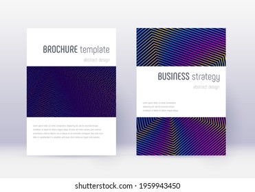 Minimalistic cover design template set. Rainbow abstract lines on dark blue background. Energetic cover design. Fine catalog, poster, book template etc.