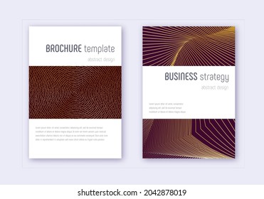Minimalistic cover design template set. Gold abstract lines on maroon background. Emotional cover design. Powerful catalog, poster, book template etc.