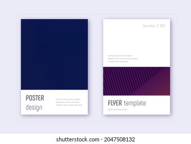 Minimalistic cover design template set. Violet abstract lines on dark background. Eminent cover design. Symmetrical catalog, poster, book template etc.
