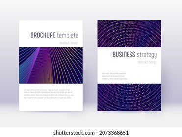 Minimalistic cover design template set. Rainbow abstract lines on dark blue background. Energetic cover design. Bizarre catalog, poster, book template etc.