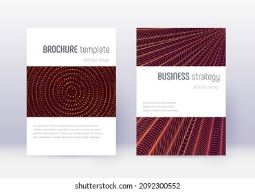 Minimalistic cover design template set. Orange abstract lines on wine red background. Enchanting cover design. Precious catalog, poster, book template etc.