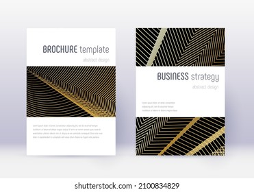 Minimalistic cover design template set. Gold abstract lines on black background. Emotional cover design. Favorable catalog, poster, book template etc.
