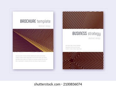 Minimalistic cover design template set. Gold abstract lines on maroon background. Emotional cover design. Unequaled catalog, poster, book template etc.