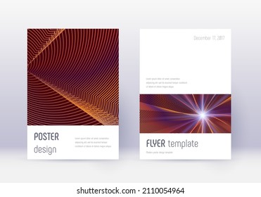 Minimalistic cover design template set. Orange abstract lines on wine red background. Elegant cover design. Mesmeric catalog, poster, book template etc.