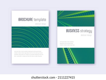 Conjunto de plantillas de diseño de portada minimalista. Líneas abstractas verdes sobre fondo oscuro. Diseño de cubierta encantadora. Catálogo completo, afiche, plantilla de libro, etc.