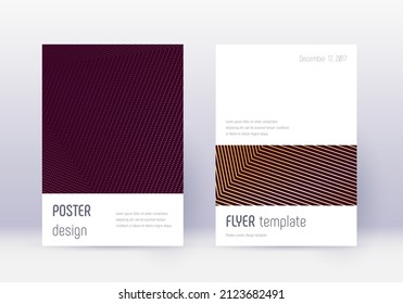 Minimalistic cover design template set. Gold abstract lines on maroon background. Ecstatic cover design. Awesome catalog, poster, book template etc.
