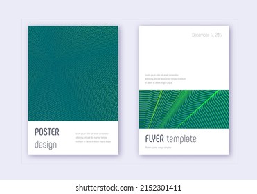 Minimalistische Cover Design Template Set. Grüne abstrakte Linien auf dunklem Hintergrund. Ekstatisches Cover-Design. Original Katalog, Poster, Buchvorlage etc.