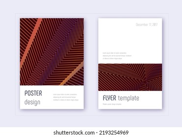 Minimalistic cover design template set. Orange abstract lines on wine red background. Elegant cover design. Likable catalog, poster, book template etc.