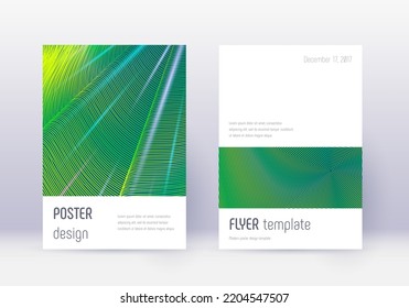 Minimalistic cover design template set. Green abstract lines on dark background. Ecstatic cover design. Remarkable catalog, poster, book template etc.
