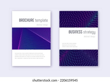 Conjunto de plantillas de diseño de portada minimalista. Líneas abstractas neón sobre fondo azul oscuro. Diseño de cubierta encantadora. Catálogo de moda, afiche, plantilla de libro, etc.