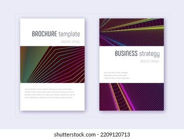 Minimalistic cover design template set. Rainbow abstract lines on wine red background. Energetic cover design. Modern catalog, poster, book template etc.