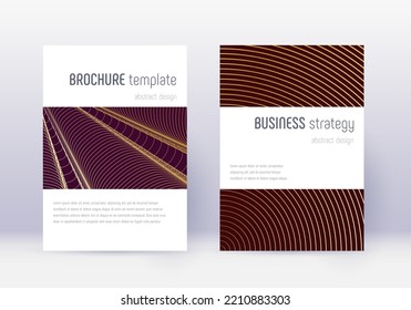 Minimalistic cover design template set. Gold abstract lines on maroon background. Emotional cover design. Terrific catalog, poster, book template etc.