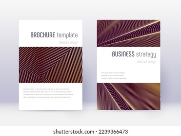Minimalistic cover design template set. Gold abstract lines on maroon background. Emotional cover design. Original catalog, poster, book template etc.