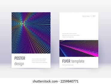 Conjunto de plantillas de diseño de portada minimalista. Líneas abstractas del arcoiris sobre fondo azul oscuro. Diseño elegante de la cubierta. Catálogo, afiche, plantilla de libro, etc.