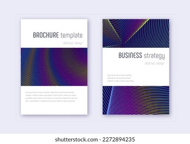 Conjunto de plantillas de diseño de portada minimalista. Líneas abstractas del arcoiris sobre fondo azul oscuro. Diseño de cubierta energética. Catálogo curioso, afiche, plantilla de libro, etc.