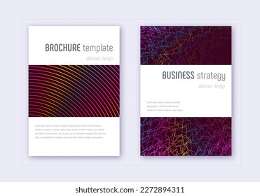 Minimalistic cover design template set. Rainbow abstract lines on wine red background. Energetic cover design. Resplendent catalog, poster, book template etc.