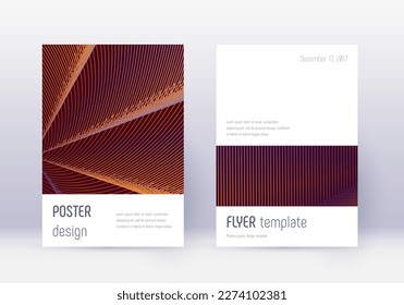 Minimalistic cover design template set. Orange abstract lines on wine red background. Elegant cover design. Fascinating catalog, poster, book template etc.