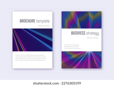 Minimalistic cover design template set. Rainbow abstract lines on dark blue background. Energetic cover design. Fascinating catalog, poster, book template etc.