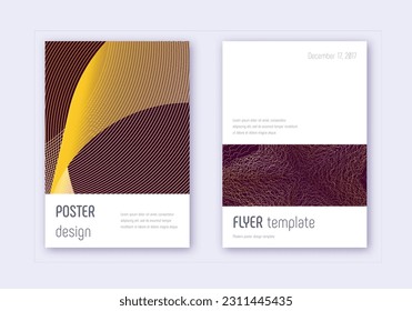 Minimalistische Cover Design Template Set. Goldene abstrakte Linien auf Maronhintergrund. Ekstatisches Cover-Design. Brillanter Katalog, Poster, Buchvorlage etc.