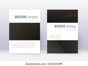 Minimalistic cover design template set. Gold abstract lines on black background. Emotional cover design. Comely catalog, poster, book template etc.