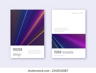 Minimalistic cover design template set. Rainbow abstract lines on dark blue background. Elegant cover design. Superb catalog, poster, book template etc.