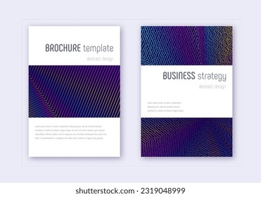 Minimalistic cover design template set. Rainbow abstract lines on dark blue background. Energetic cover design. Dramatic catalog, poster, book template etc.