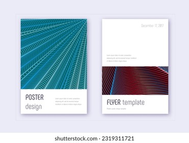 Minimalistic cover design template set. Red white blue abstract lines on dark background. Eminent cover design. Pretty catalog, poster, book template etc.